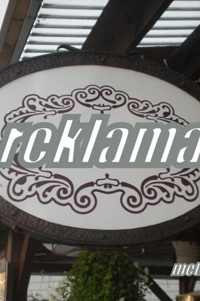 Stylowy, dwustronny semafor reklamowy w owalnej ramie metalowej z dekoracyjnymi wolutami.